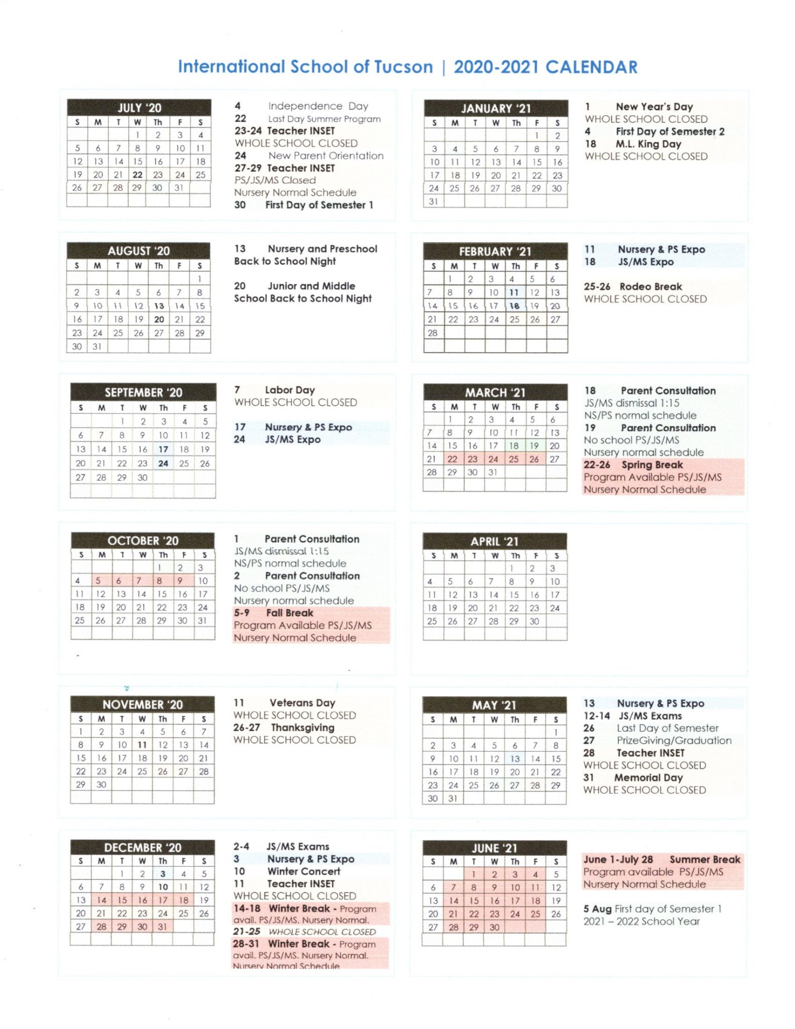 School Calendar International school of Tucson