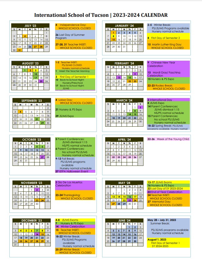 School Calendar | International school of Tucson